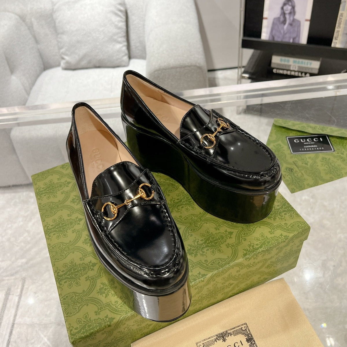 GG HORSEBIT PLATFORM LOAFER GLOSSY BLACK CALFSKIN