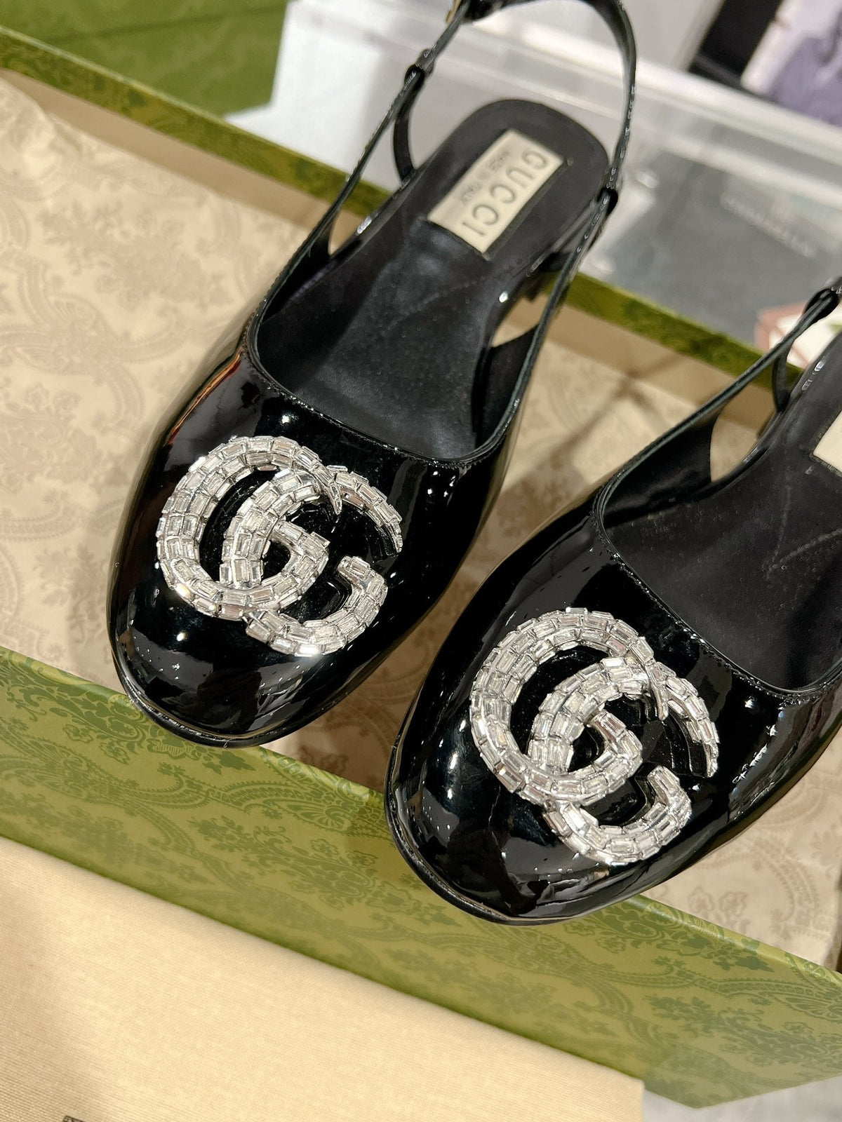GG CRYSTALS SLINGBACK BALLET BLACK CALFSKIN