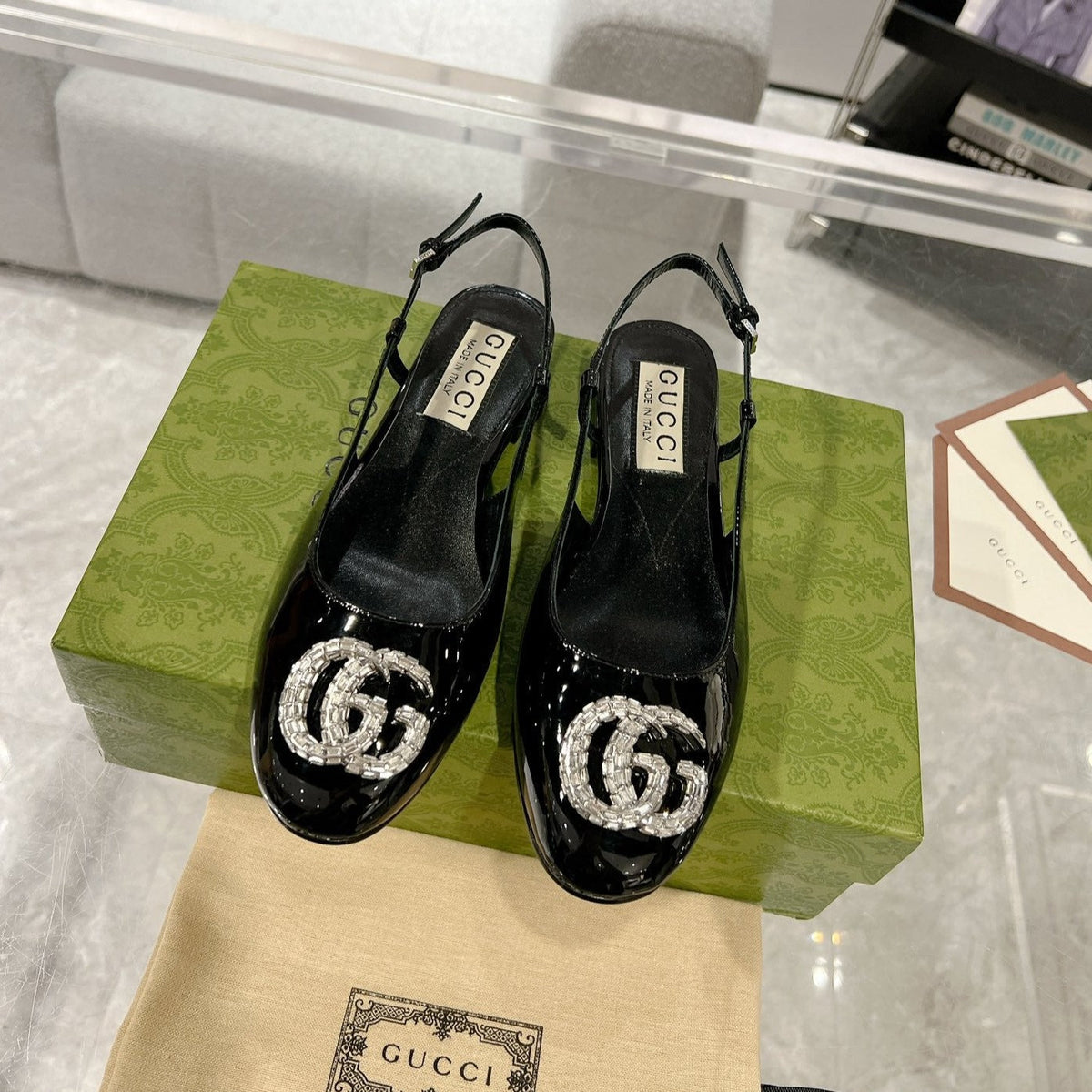 GG CRYSTALS SLINGBACK BALLET BLACK CALFSKIN