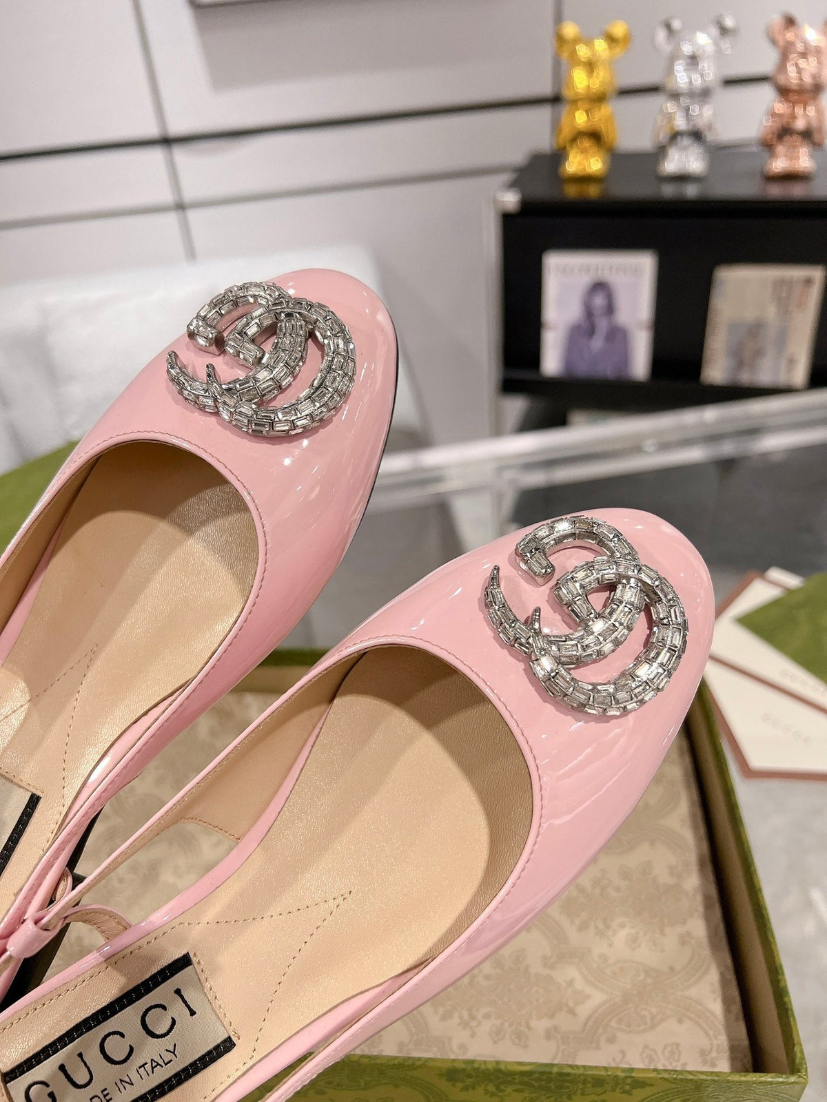 GG CRYSTALS SLINGBACK BALLET LIGHT PINK CALFSKIN