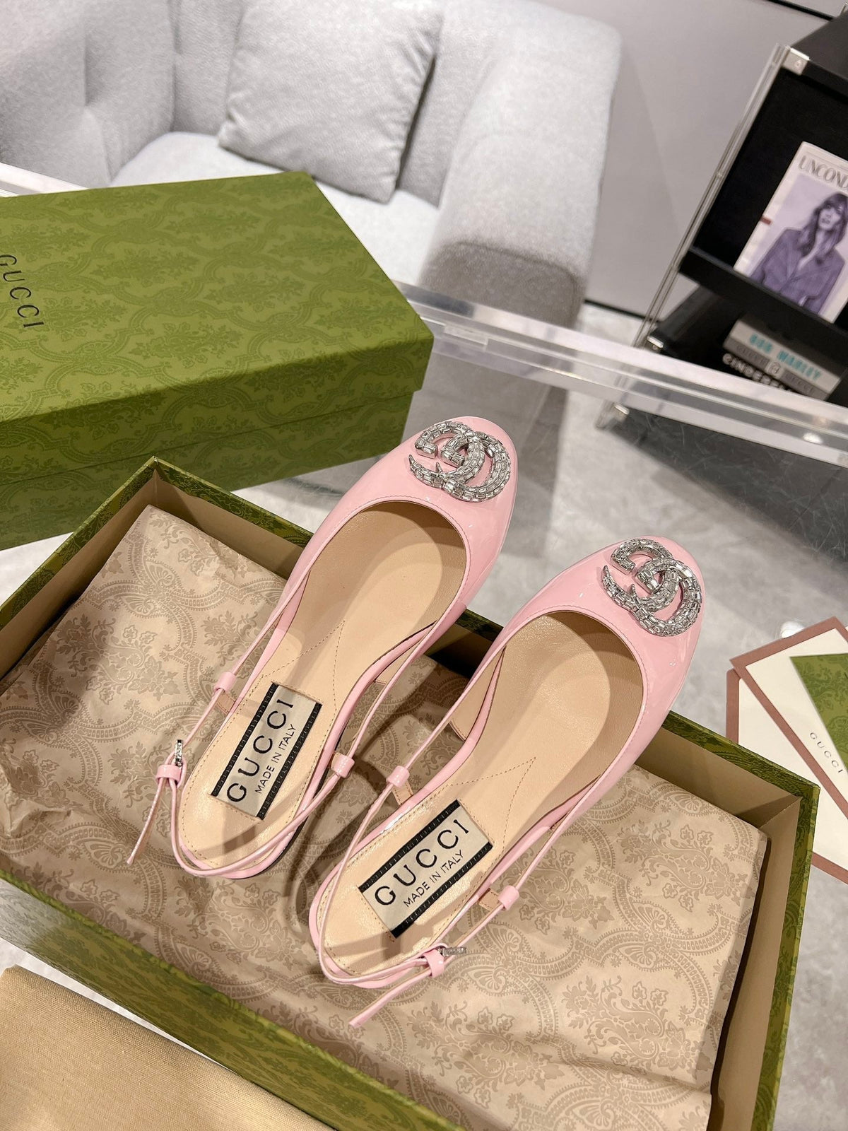 METALIC SLINGBACK FLATS IN ROSE PINK CALFSKIN