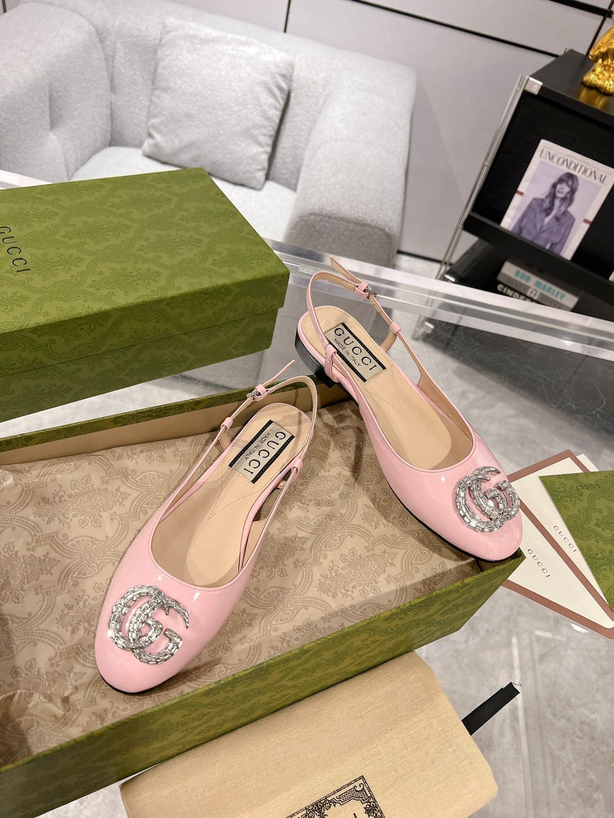 GG CRYSTALS SLINGBACK BALLET LIGHT PINK CALFSKIN