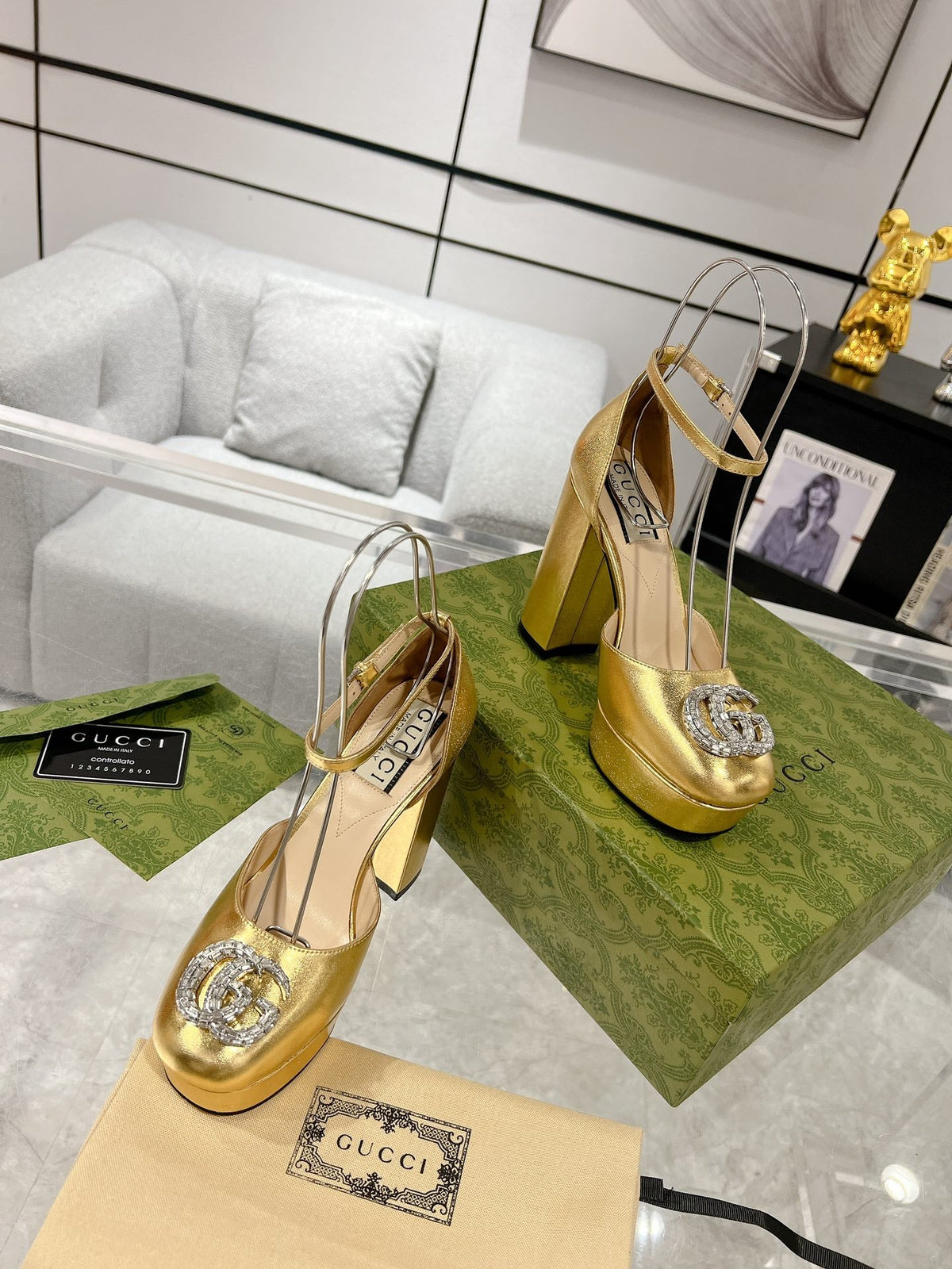 GG CRYSTALS PLATFORM PUMPS METALLIC GOLD CALFSKIN