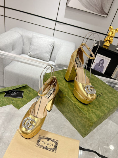 GG CRYSTALS PLATFORM PUMPS METALLIC GOLD CALFSKIN