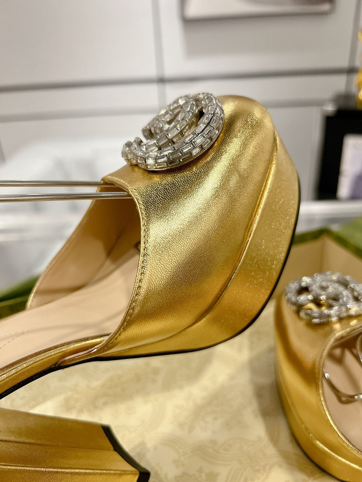 GG CRYSTALS PLATFORM PUMPS METALLIC GOLD CALFSKIN