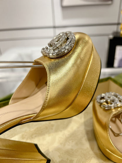 GG CRYSTALS PLATFORM PUMPS METALLIC GOLD CALFSKIN