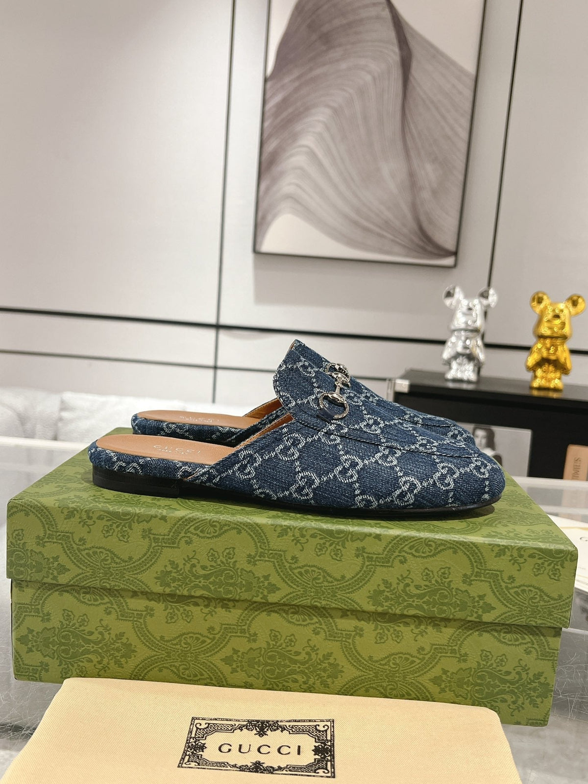 MEN'S MULE WITH HORSEBIT IN DENIM BLUE MONOGRAM JACQUARD FABRIC