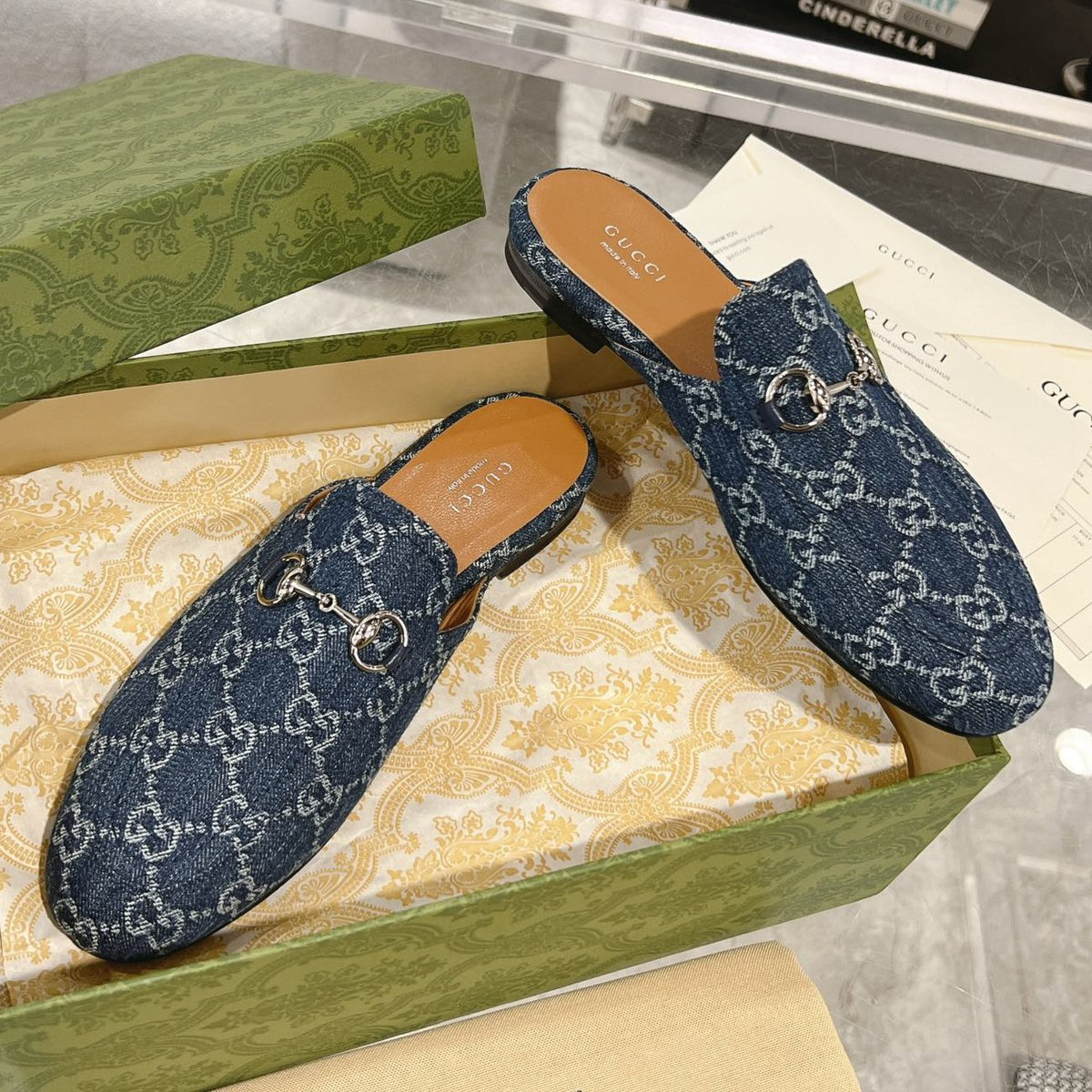 MEN'S MULE WITH HORSEBIT IN DENIM BLUE MONOGRAM JACQUARD FABRIC