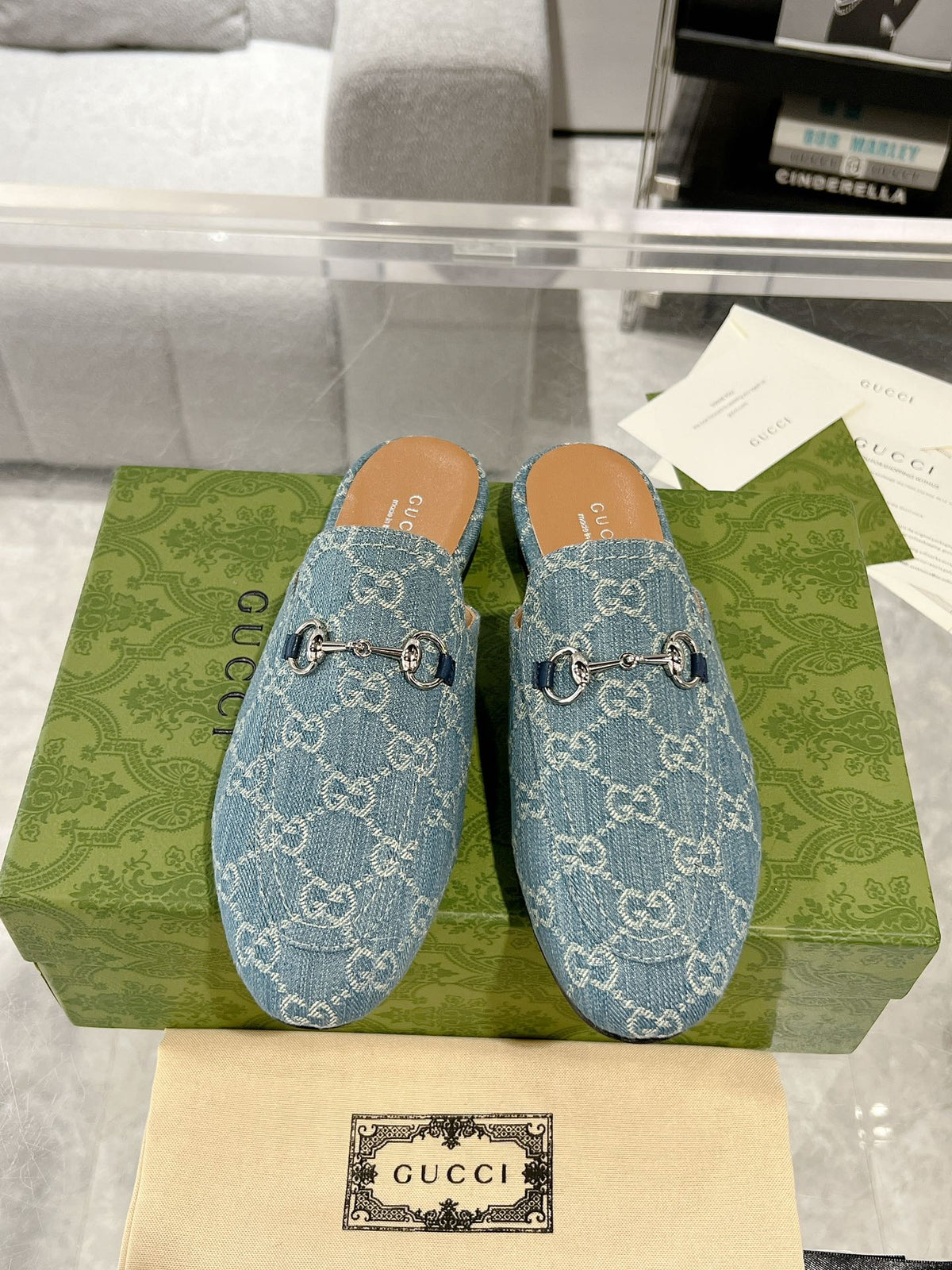 MEN'S MULE WITH HORSEBIT IN SAPHIRE BLUE MONOGRAM JACQUARD FABRIC