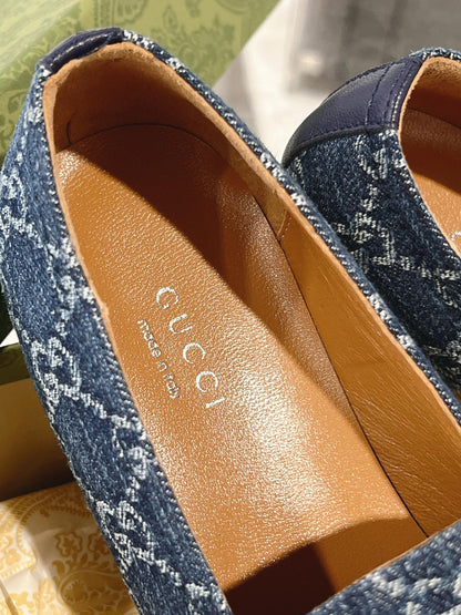 MEN'S LOAFER WITH HORSEBIT IN DENIM BLUE MONOGRAM JACQUARD FABRIC