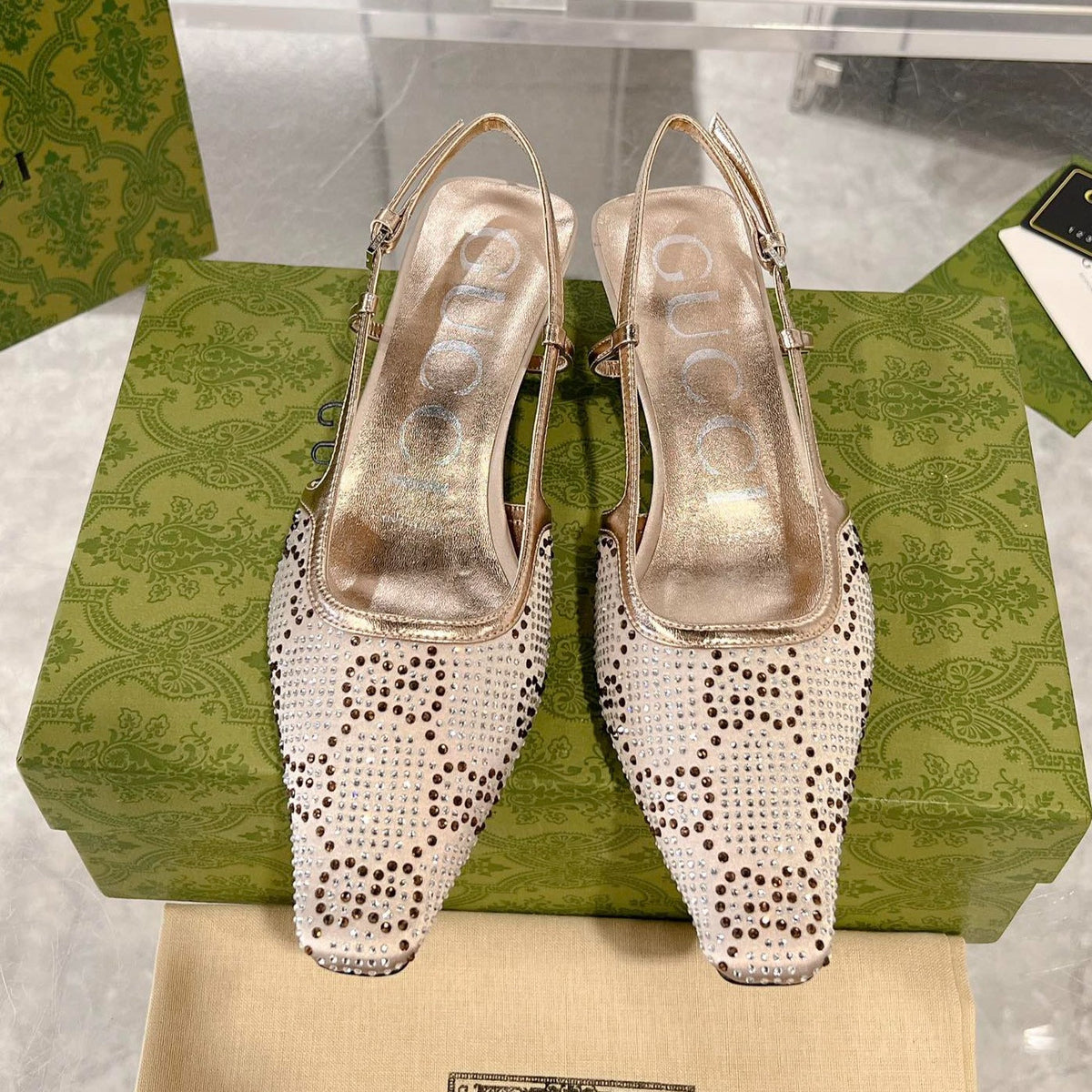 GG CRYSTALS SLINGBACK PUMP CREAM FABRIC