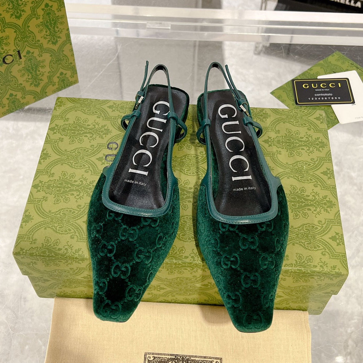GG SLINGBACK FLATS CASTLETON GREEN VELVET