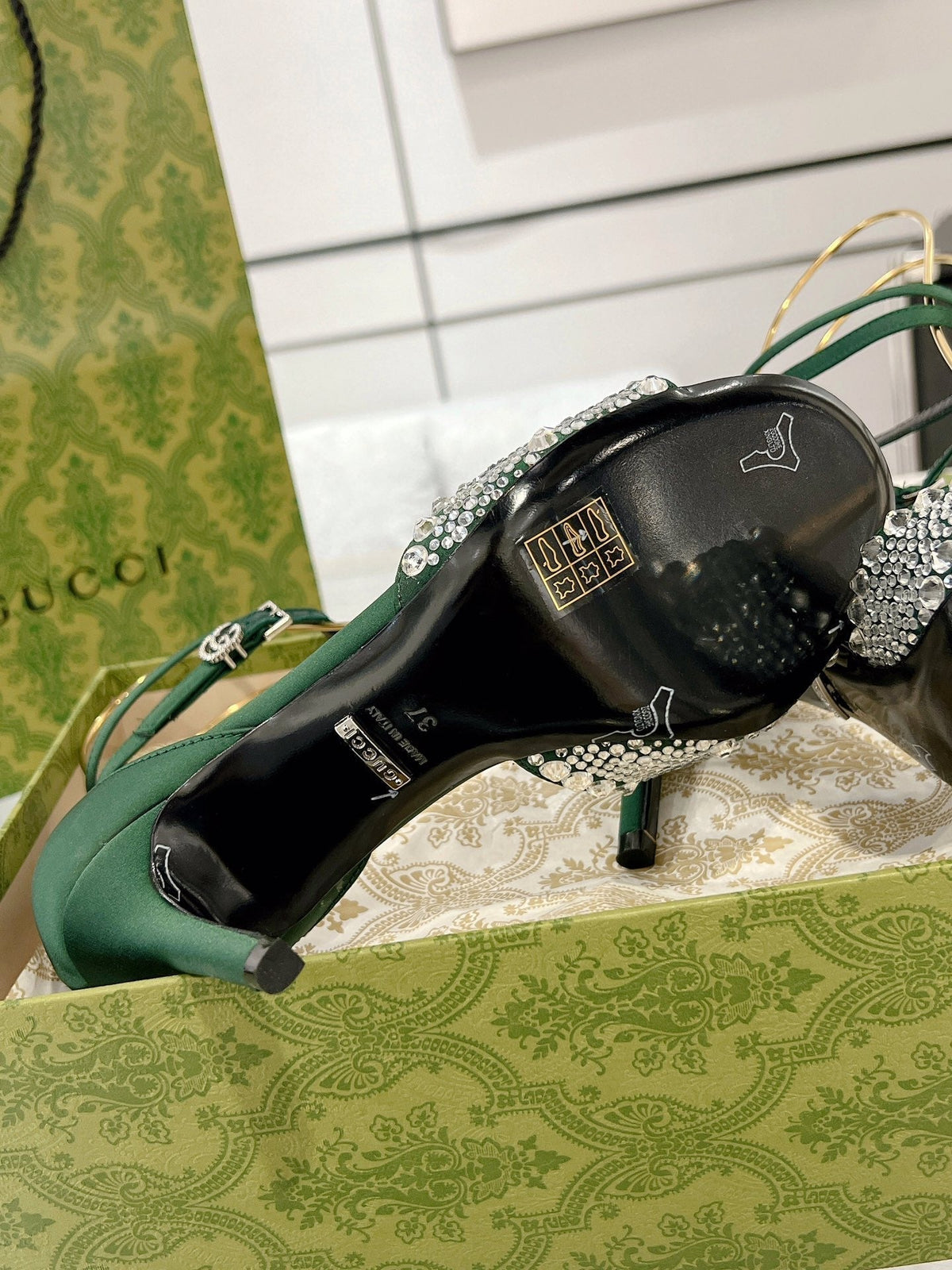 GG CRYSTAL ASTLETON GREEN HIGH HEEL SANDALS SATIN