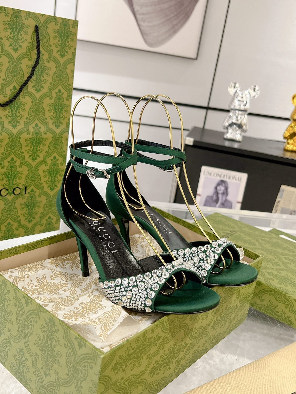 GG CRYSTAL ASTLETON GREEN HIGH HEEL SANDALS SATIN