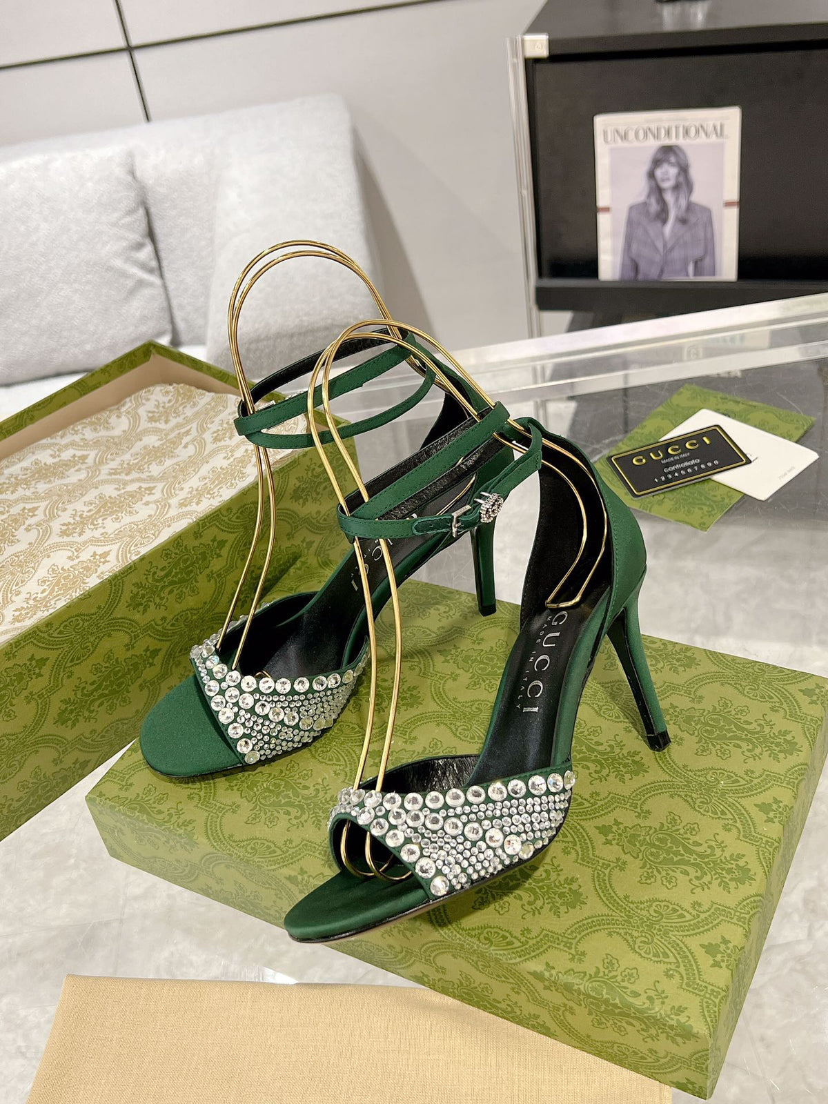 GG CRYSTAL ASTLETON GREEN HIGH HEEL SANDALS SATIN