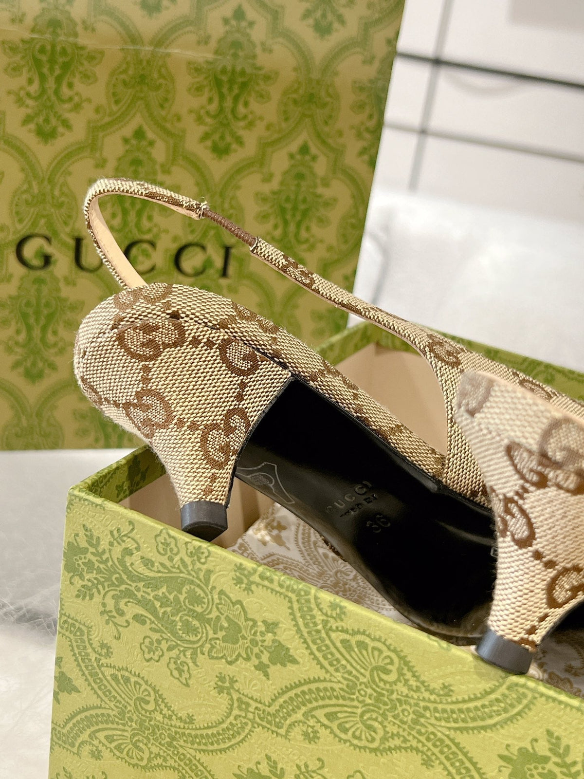 GG MID-HEELED SLINGBACK 4.5 CM IN TAN BEIGE CANVAS