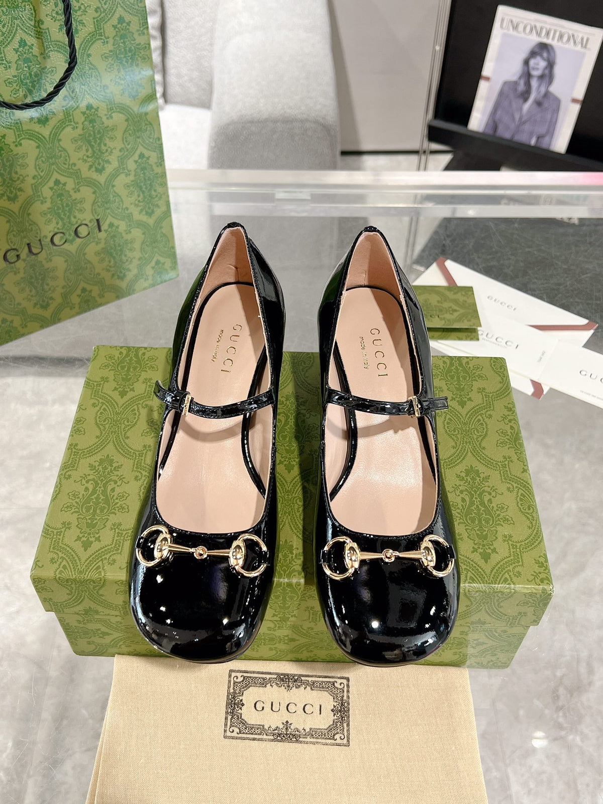HORSEBIT MARY JANE HEEL IN BLACK CALFSKIN GOLD HARDWARE