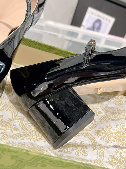 HORSEBIT MARY JANE HEEL IN BLACK CALFSKIN GOLD HARDWARE