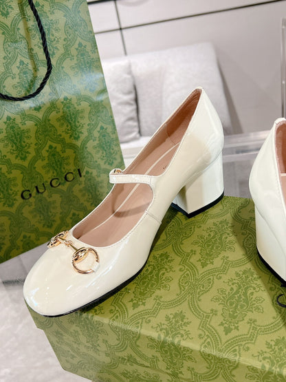 HORSEBIT MARY JANE HEEL IN WHITE CALFSKIN GOLD HARDWARE