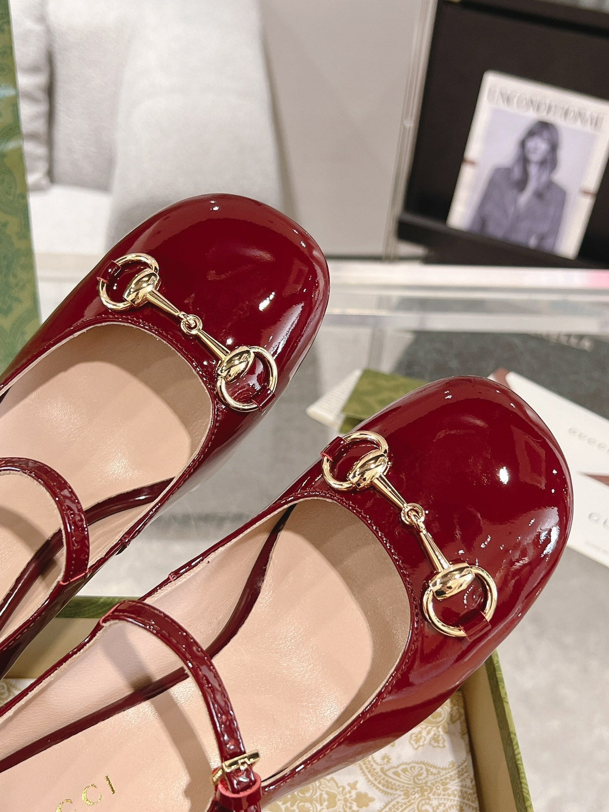 HORSEBIT MARY JANE HEEL IN CRIMSON RED CALFSKIN GOLD HARDWARE