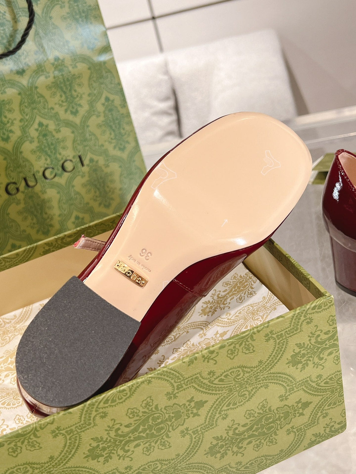 HORSEBIT MARY JANE HEEL IN CRIMSON RED CALFSKIN GOLD HARDWARE