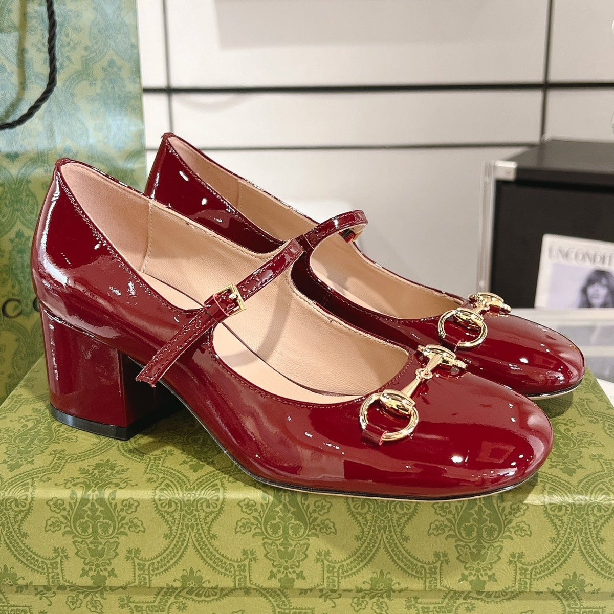 HORSEBIT MARY JANE HEEL IN CRIMSON RED CALFSKIN GOLD HARDWARE