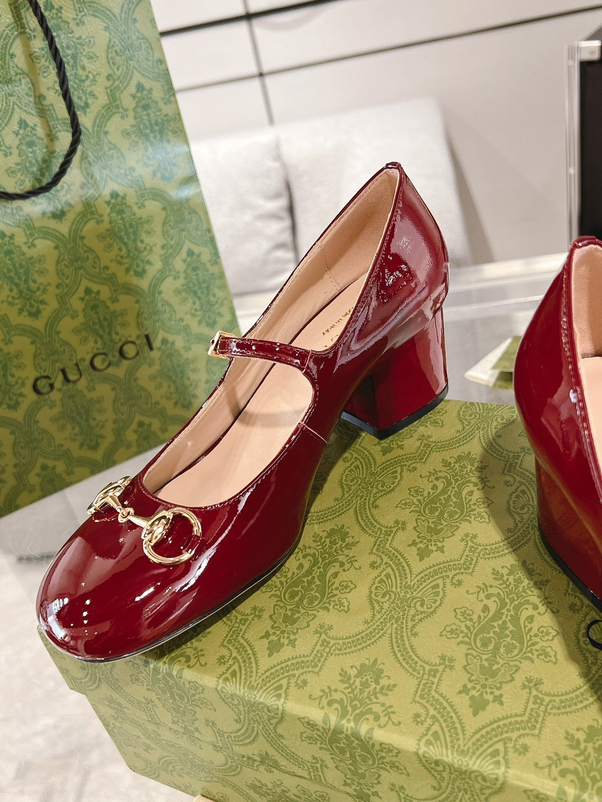 HORSEBIT MARY JANE HEEL IN CRIMSON RED CALFSKIN GOLD HARDWARE