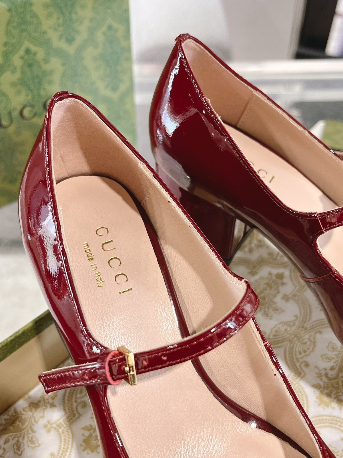 HORSEBIT MARY JANE HEEL IN CRIMSON RED CALFSKIN GOLD HARDWARE