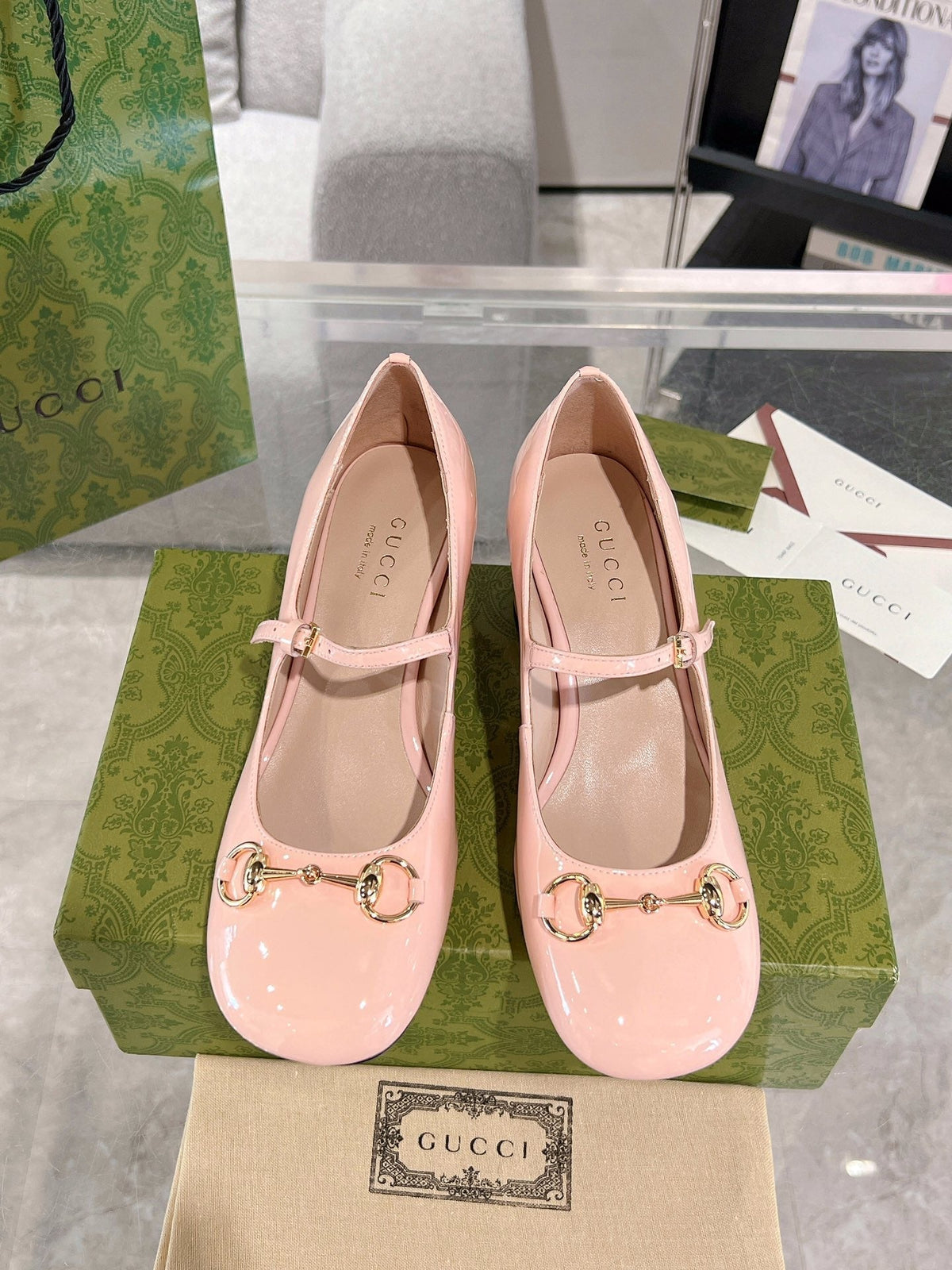 HORSEBIT MARY JANE HEEL IN LIGHT PINK CALFSKIN GOLD HARDWARE