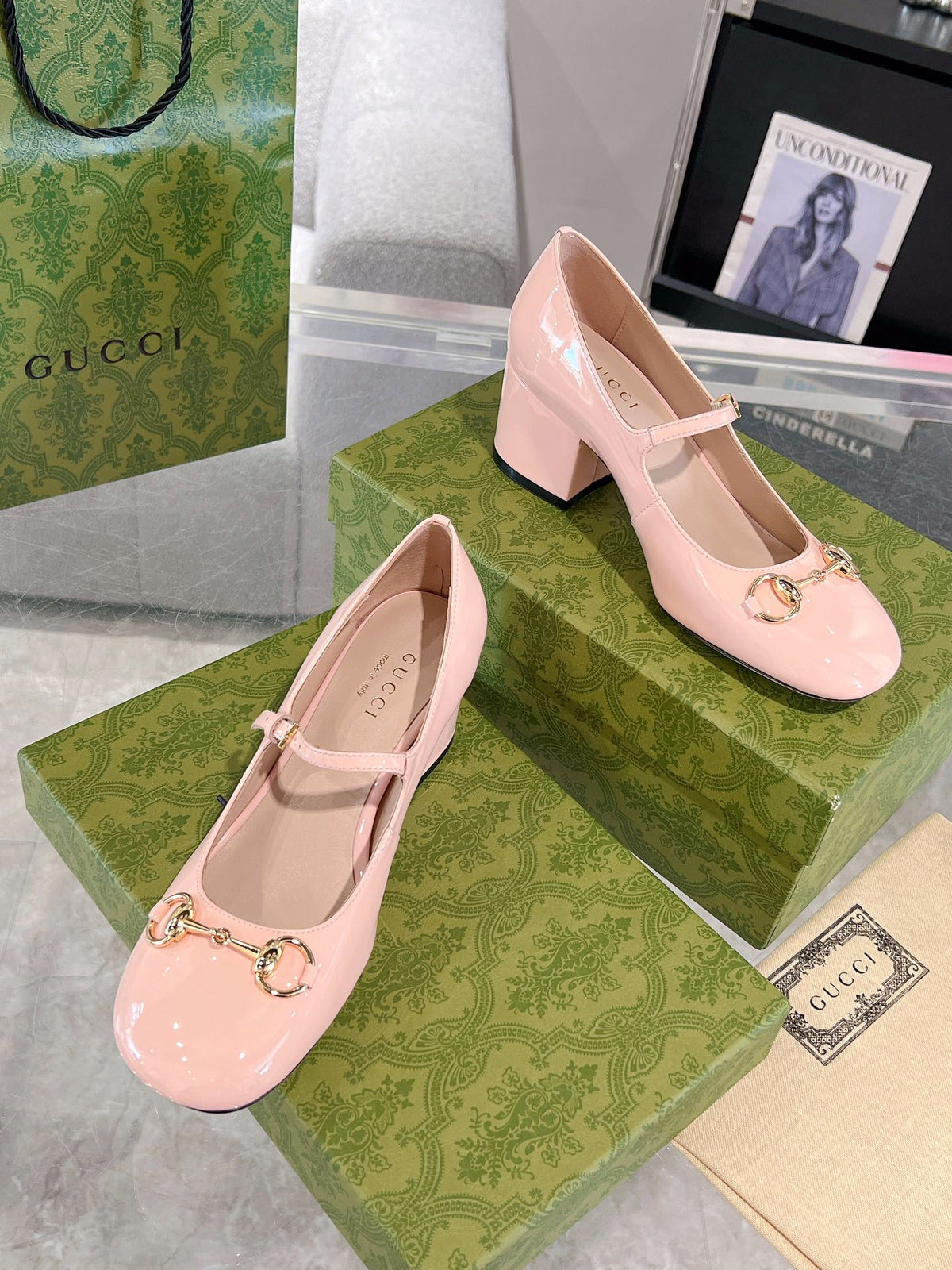 HORSEBIT MARY JANE HEEL IN LIGHT PINK CALFSKIN GOLD HARDWARE