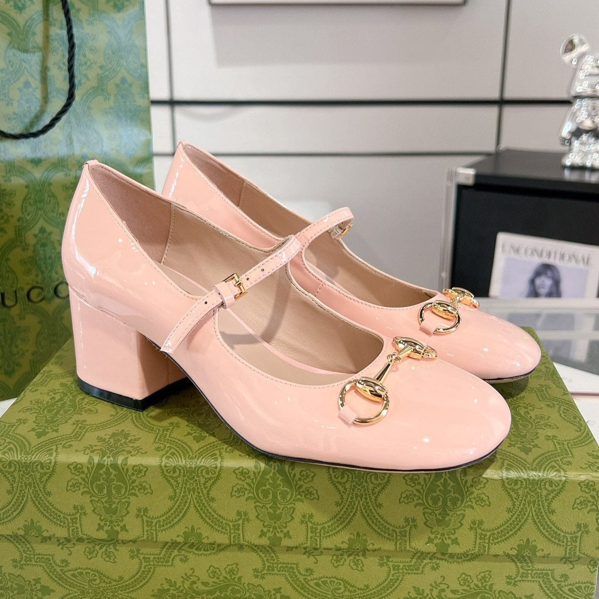 HORSEBIT MARY JANE HEEL IN LIGHT PINK CALFSKIN GOLD HARDWARE