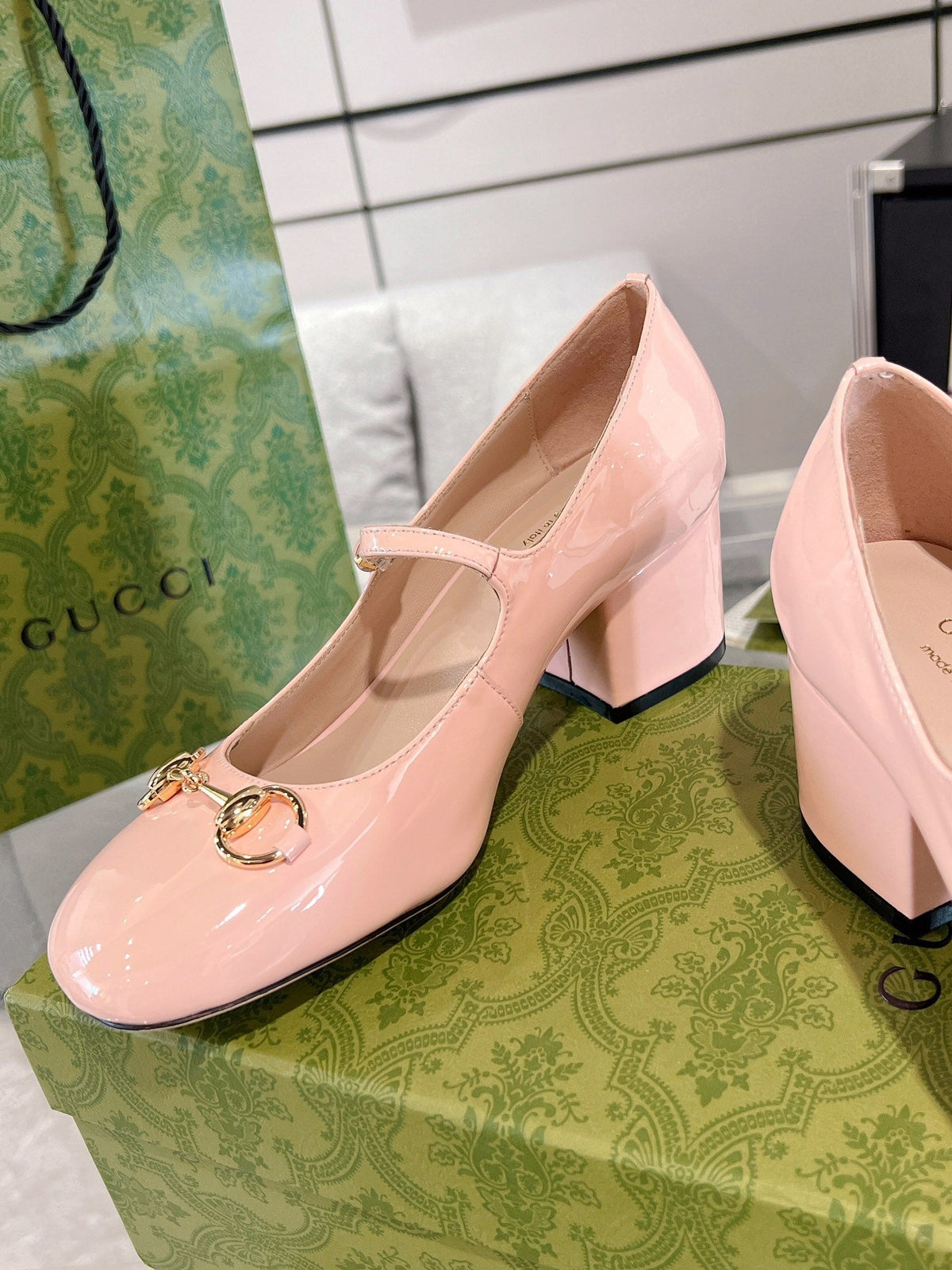 HORSEBIT MARY JANE HEEL IN LIGHT PINK CALFSKIN GOLD HARDWARE