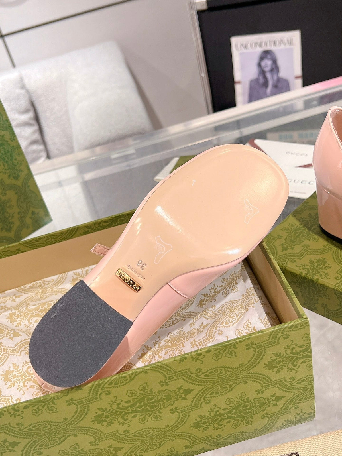 HORSEBIT MARY JANE HEEL IN LIGHT PINK CALFSKIN GOLD HARDWARE