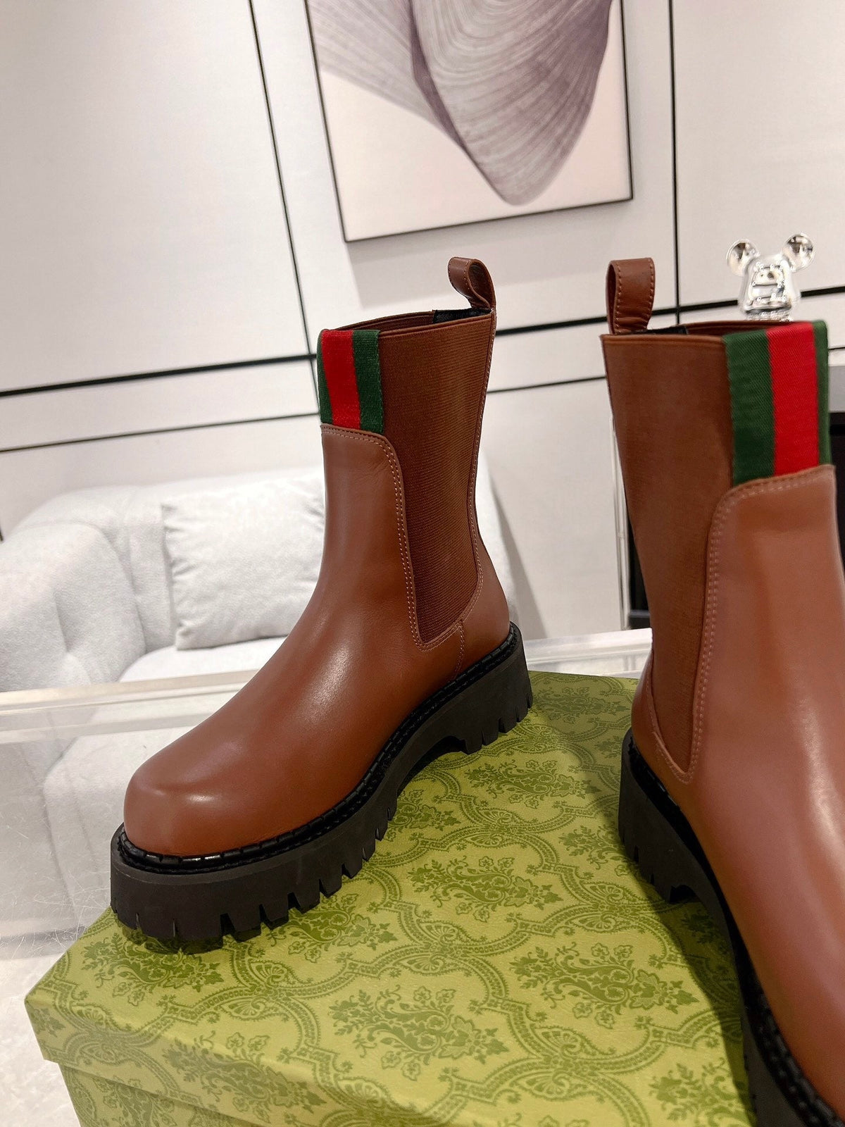 GG ANKLE BOOTS WITH WEB IN CINNAMON BROWN CALFSKIN AND FABRIC