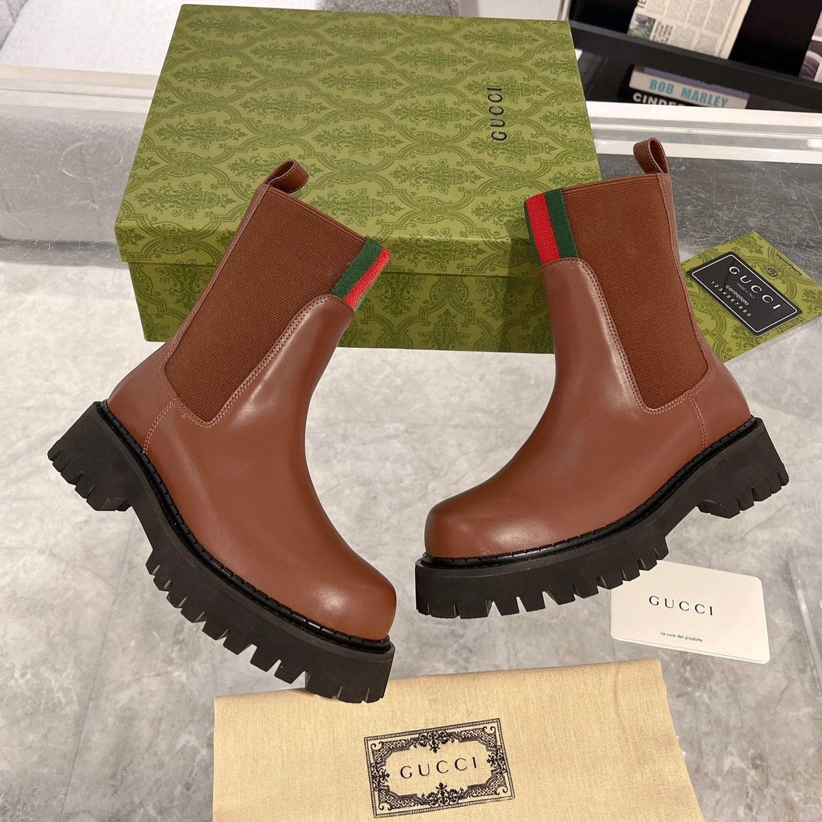 GG ANKLE BOOTS WITH WEB IN CINNAMON BROWN CALFSKIN AND FABRIC