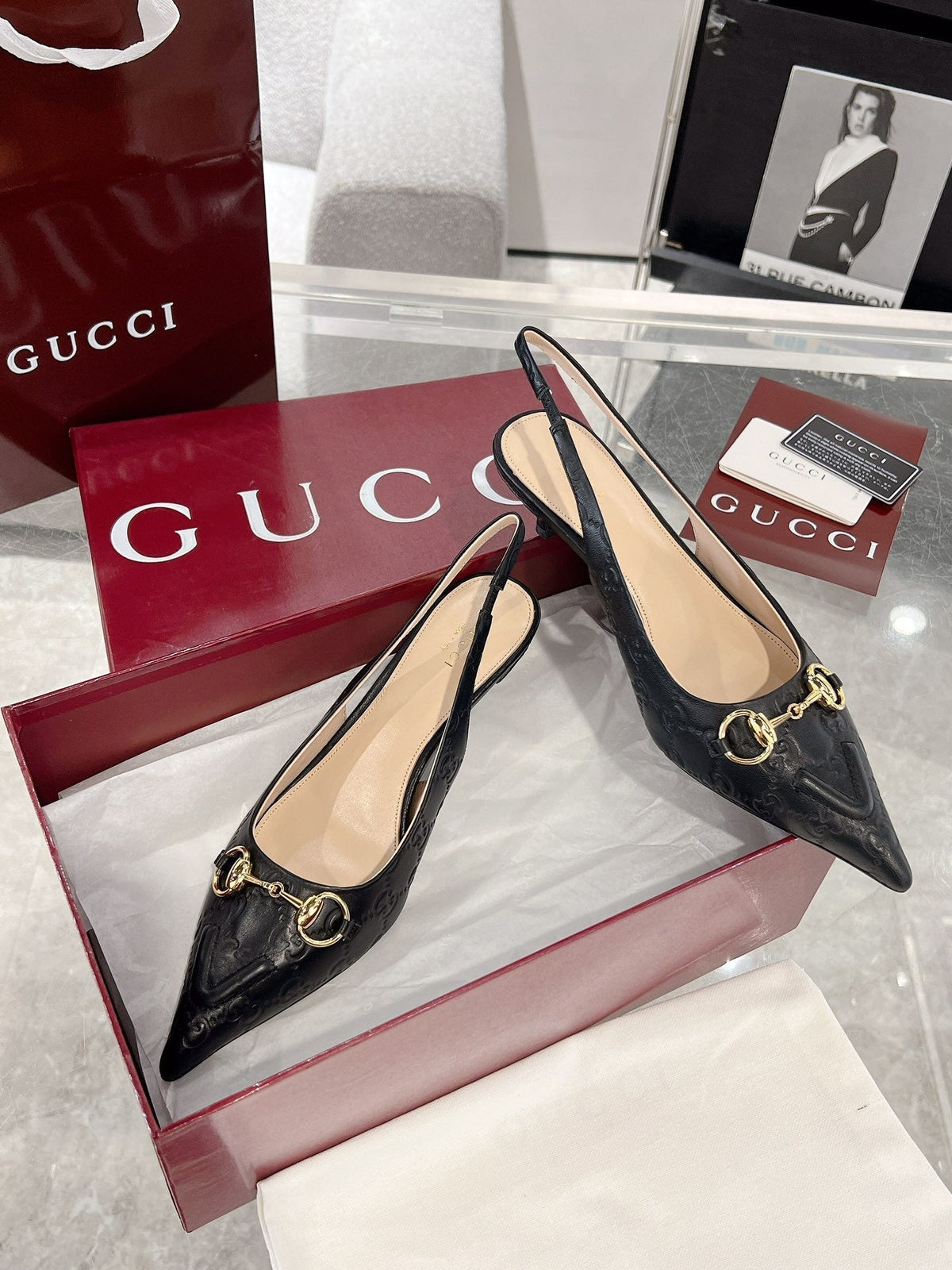 GG MID-HIGH SLINGBACK 4.5 CM IN BLACK GLOSSY EMBOSSED SUEDE AND SHEEPSKIN LINING