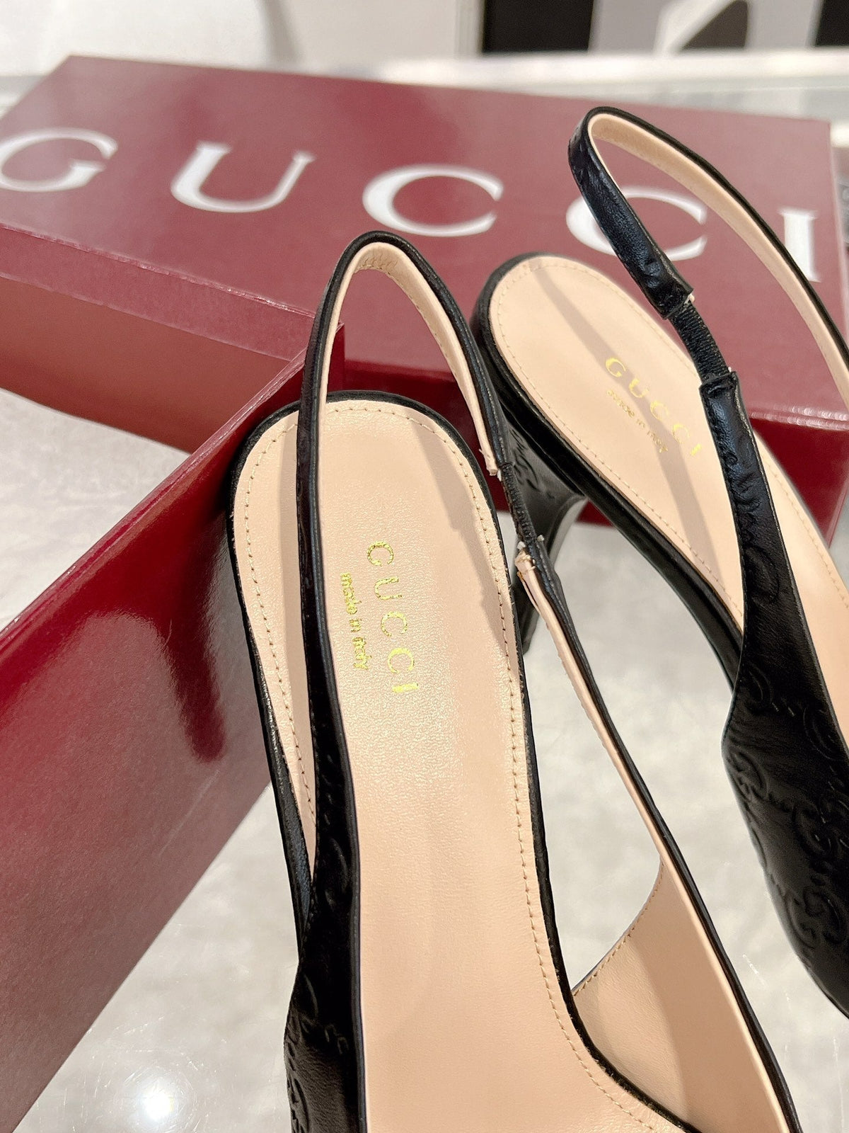 GG HIGH SLINGBACK 10.5 CM IN BLACK GLOSSY EMBOSSED SUEDE AND SHEEPSKIN LINING