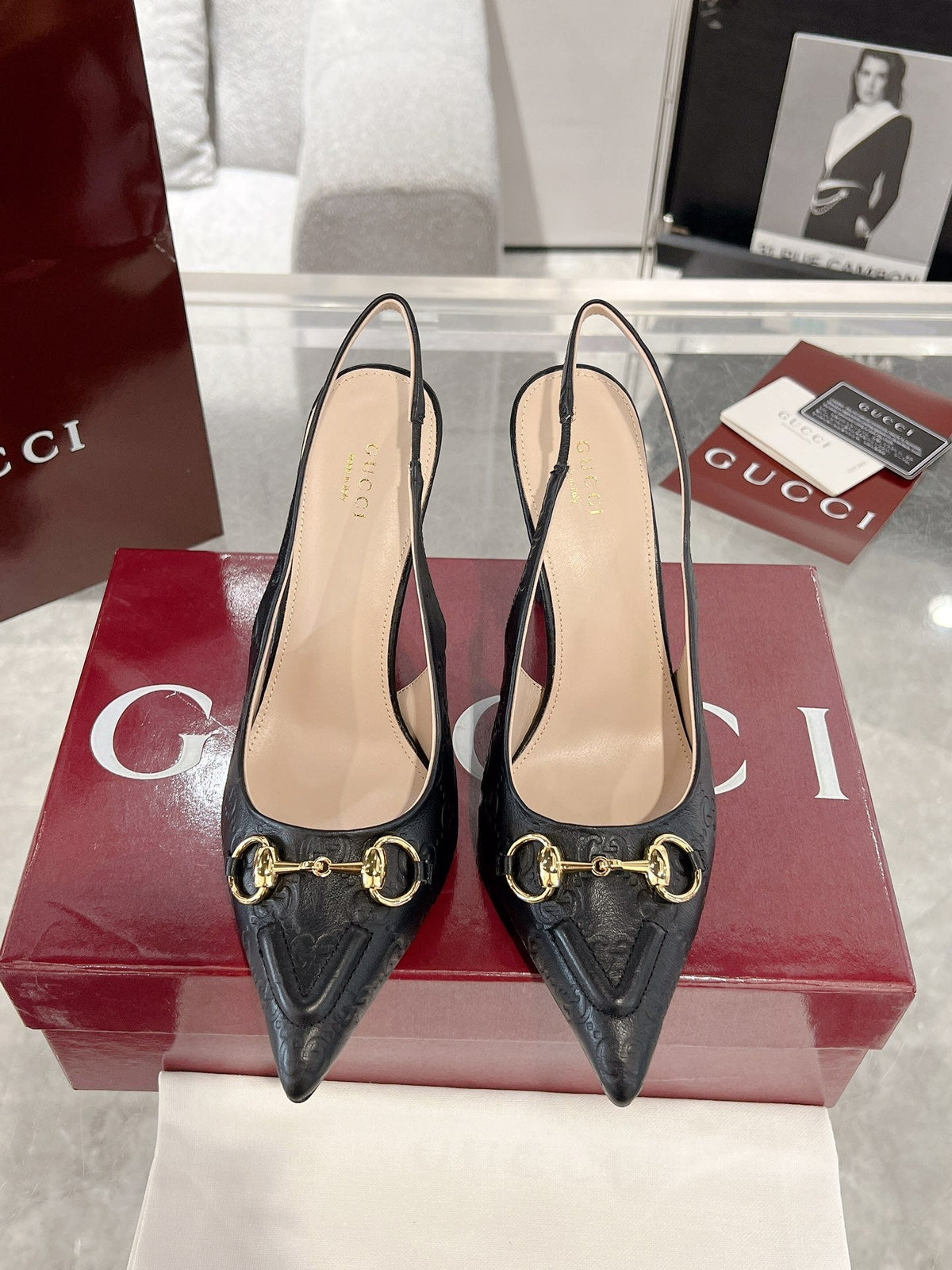 GG HIGH SLINGBACK 10.5 CM IN BLACK GLOSSY EMBOSSED SUEDE AND SHEEPSKIN LINING