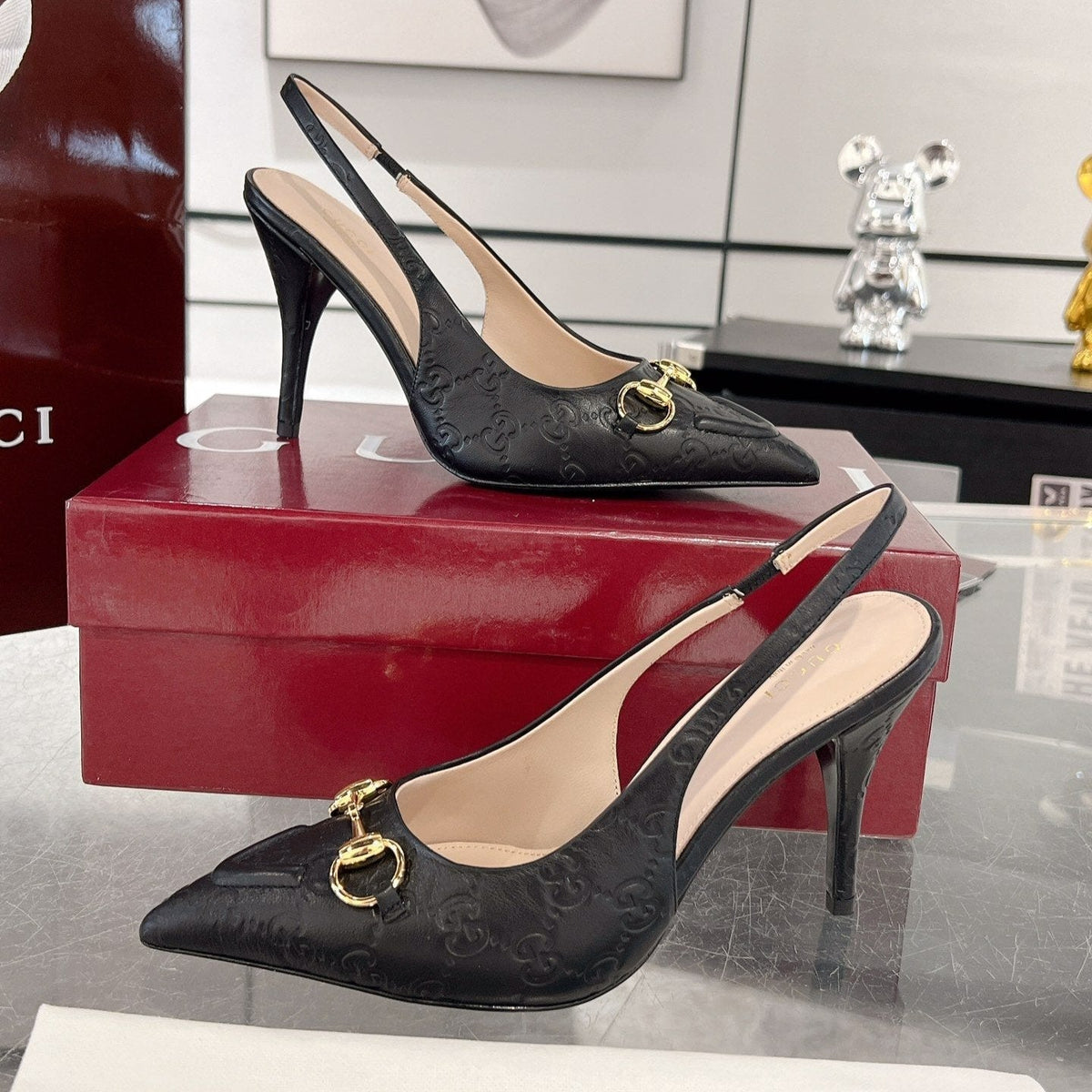 GG HIGH SLINGBACK 10.5 CM IN BLACK GLOSSY EMBOSSED SUEDE AND SHEEPSKIN LINING