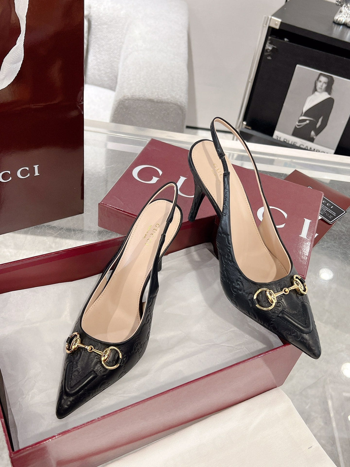 GG HIGH SLINGBACK 10.5 CM IN BLACK GLOSSY EMBOSSED SUEDE AND SHEEPSKIN LINING