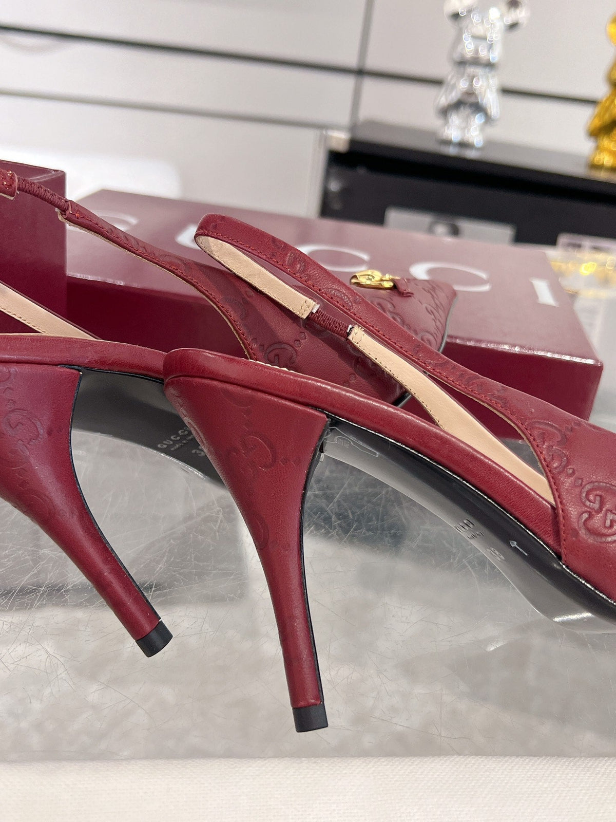 GG HIGH SLINGBACK 10.5 CM IN WINE RED GLOSSY EMBOSSED SUEDE AND SHEEPSKIN LINING