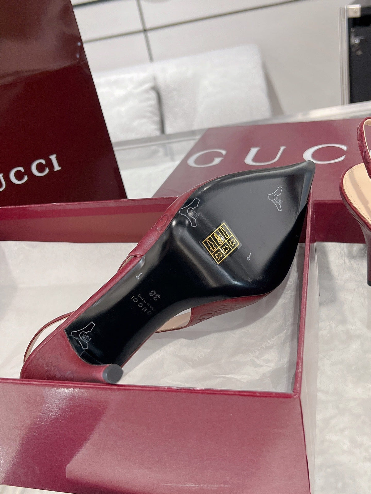 GG HIGH SLINGBACK 10.5 CM IN WINE RED GLOSSY EMBOSSED SUEDE AND SHEEPSKIN LINING
