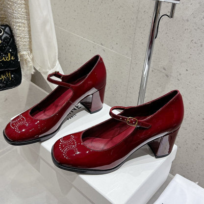 HIGH MARY JANE SHOES IN GARNET RED PATENT CALFSKIN