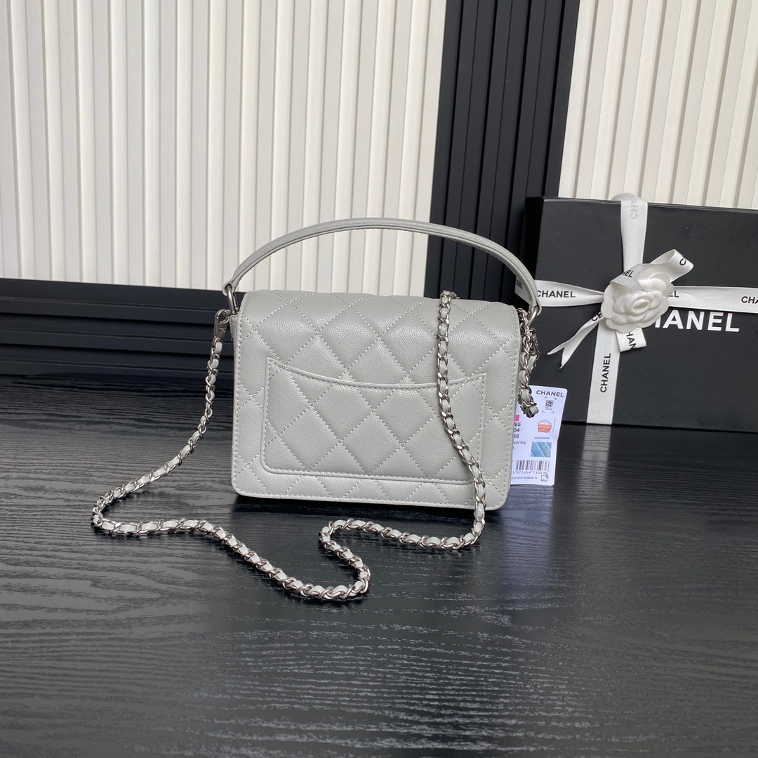 RETRO STYLE FLAP BAG 19 IN RHINO GRAY GRAINED CALFSKIN GOLD HARDWARE