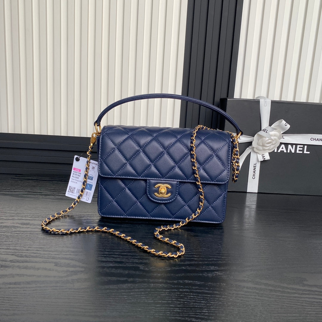 RETRO STYLE FLAP BAG 22 IN NAVY BLUE GRAINED CALFSKIN GOLD HARDWARE