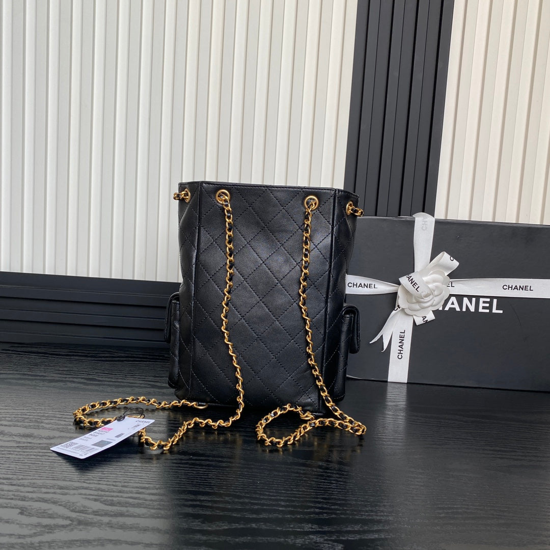 BUCKET BACKPACK 24 IN BLACK LAMBSKIN GOLD HARDWARE