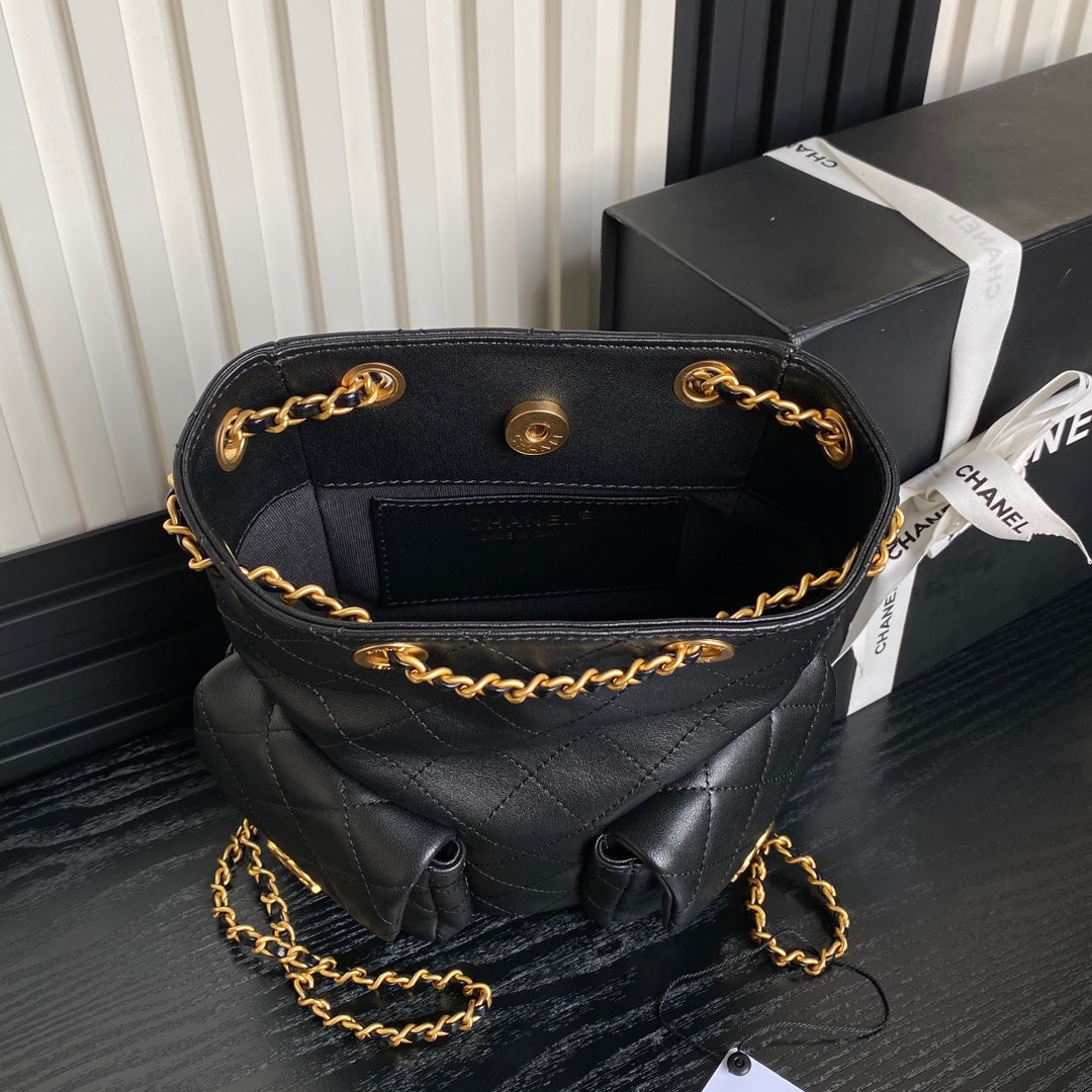 BUCKET BACKPACK 24 IN BLACK LAMBSKIN GOLD HARDWARE