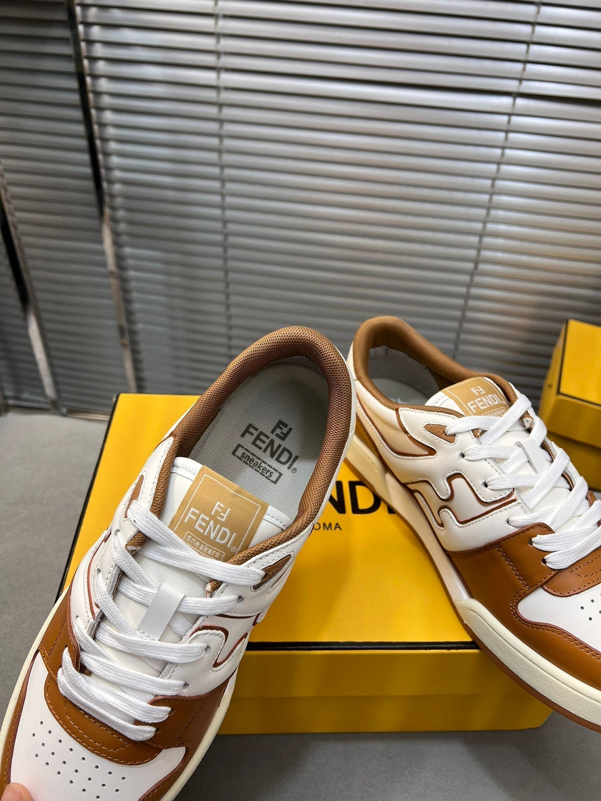 FENDI MATCH LOW TOPS IN RUSSET BROWN MIX WHITE CALFSKIN AND MESH