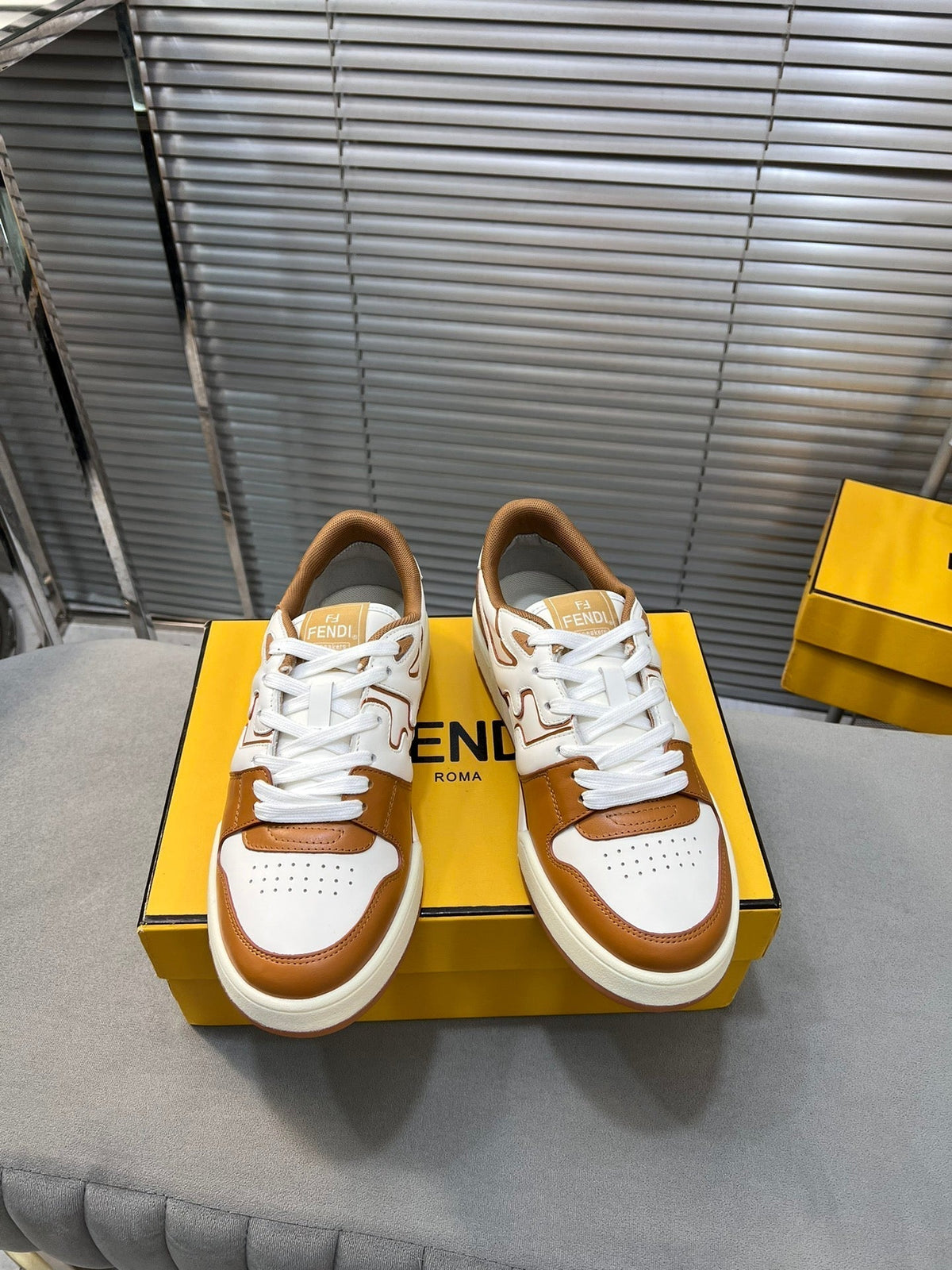 FENDI MATCH LOW TOPS IN RUSSET BROWN MIX WHITE CALFSKIN AND MESH