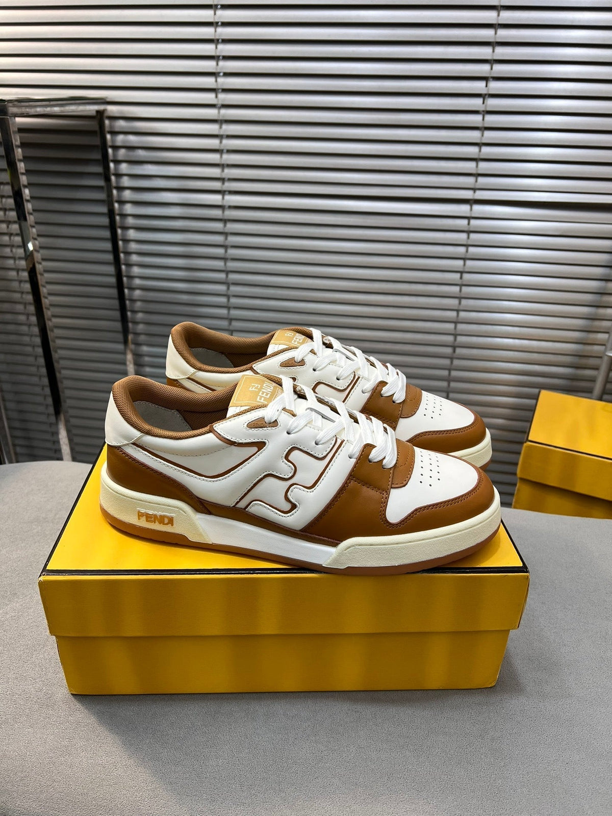 FENDI MATCH LOW TOPS IN RUSSET BROWN MIX WHITE CALFSKIN AND MESH